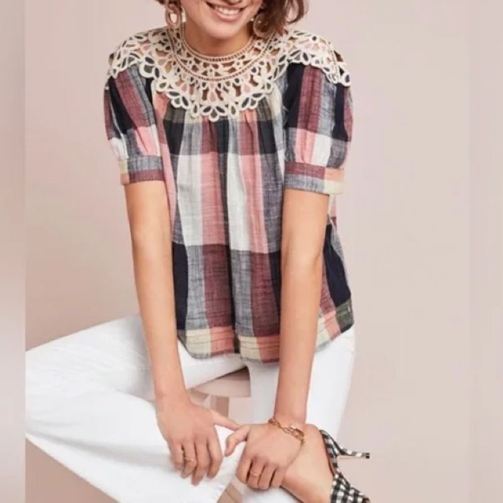 Anthropologie Plaid Boho Crochet Embroidered Swing Blouse Cottage Prairie XS